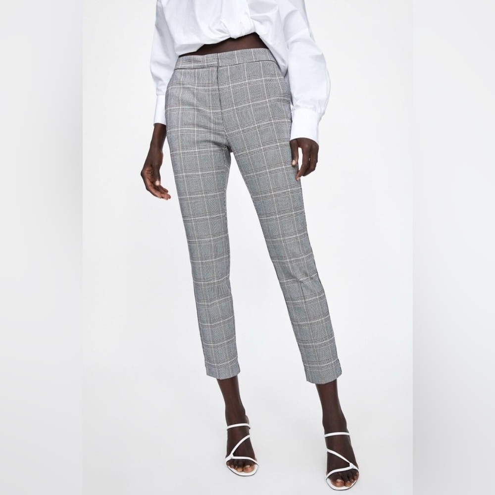 Zara‎ Basic Gray Checkered Plaid Pants Elastic Back Waist